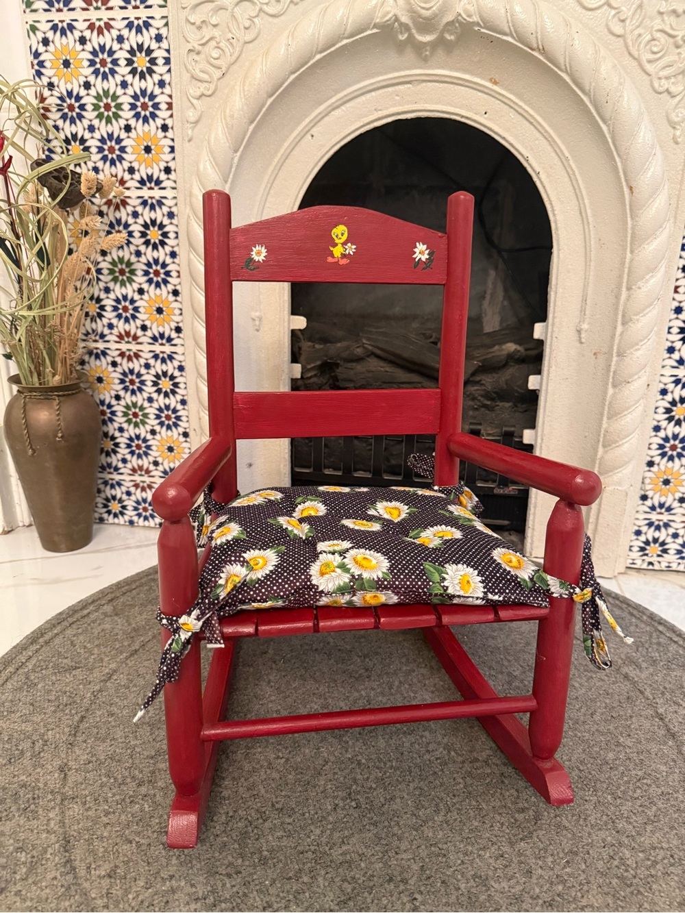 Red Kids Rocking Chair with Floral Cushion - Folk Art Rocker Doll Bear
